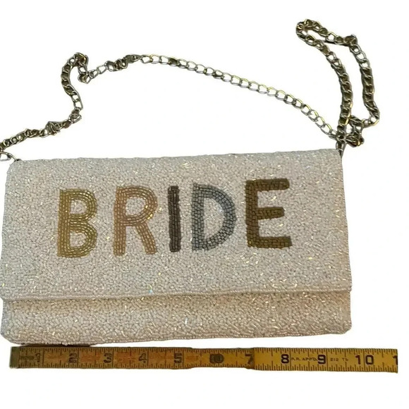 Bride Metallic Beaded Lettered Gold Chain Strap Seed Beaded Clutch Purse - Picture 1 of 9